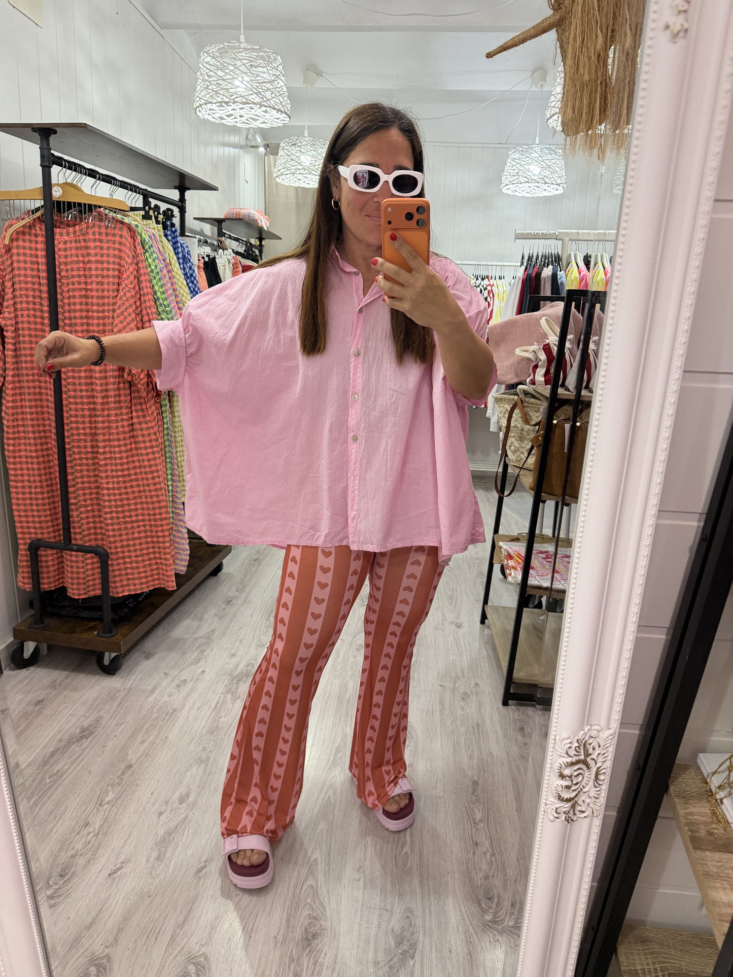 Pantalón Cuores campana licra fría naranja y rosa
