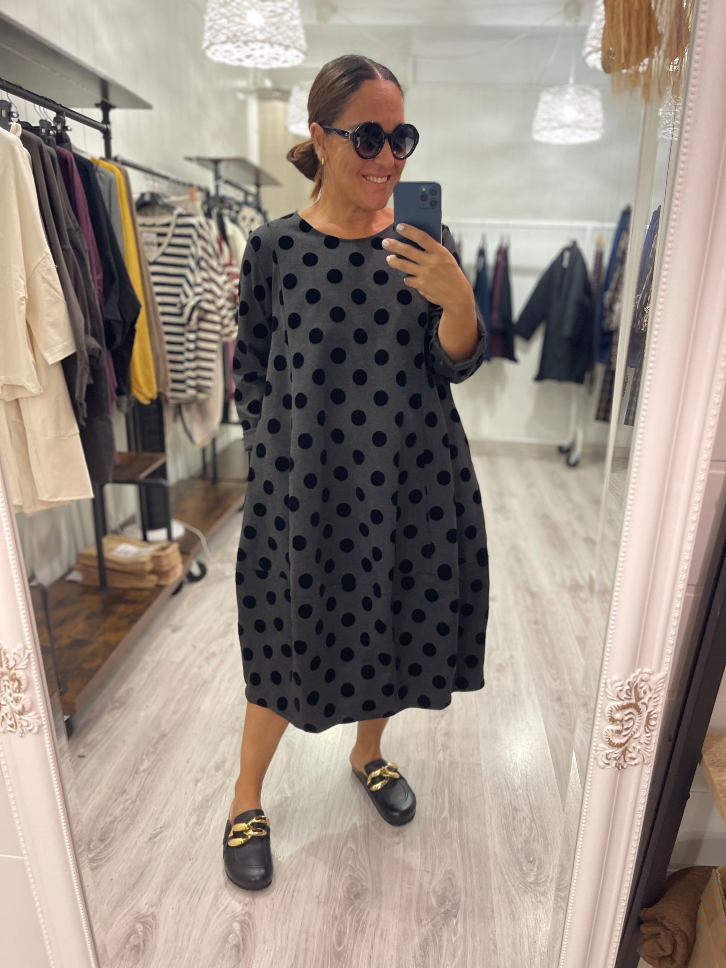 Vestido Topos punto roma gris