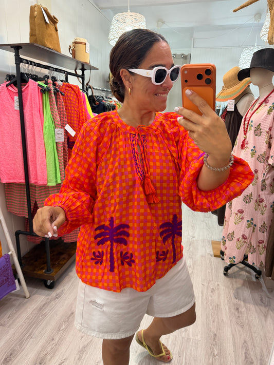 Blusa Jaipur vichy naranja y lila