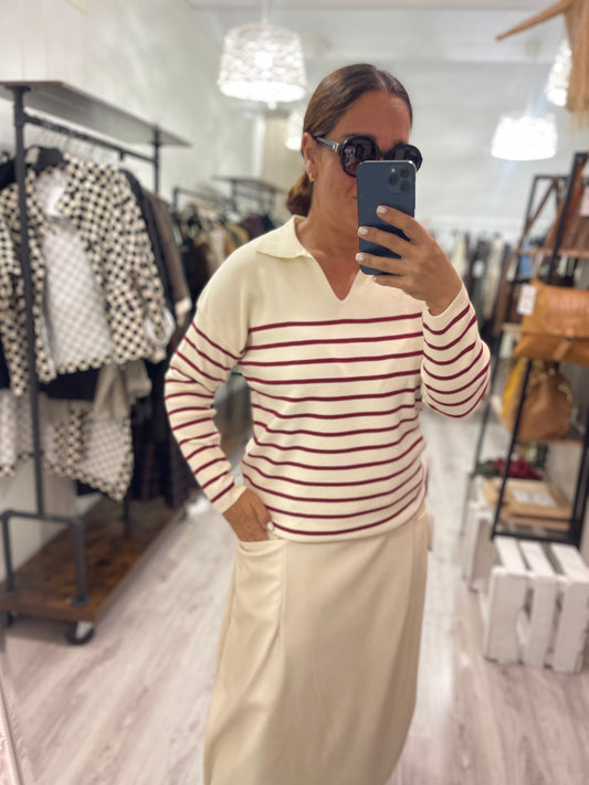 Jersei Navy suave beige y burdeos