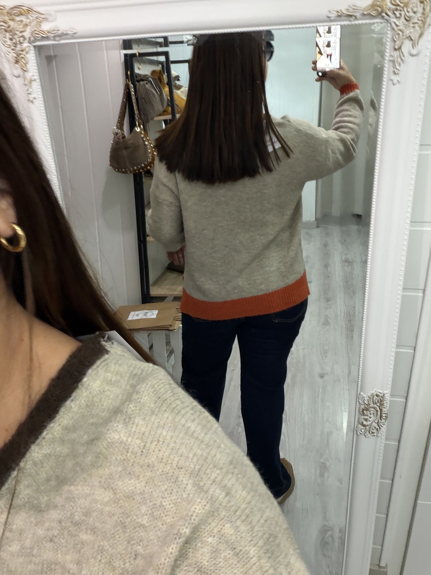 Jersei Camila pico beige, marrón y naranja