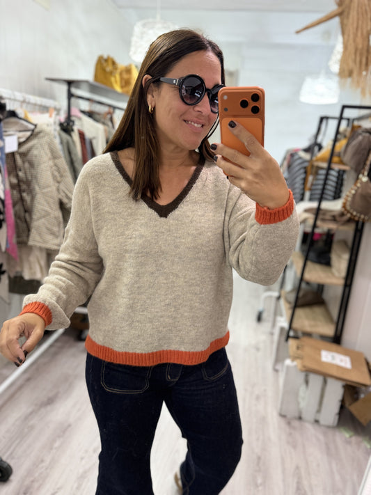 Jersei Camila pico beige, marrón y naranja