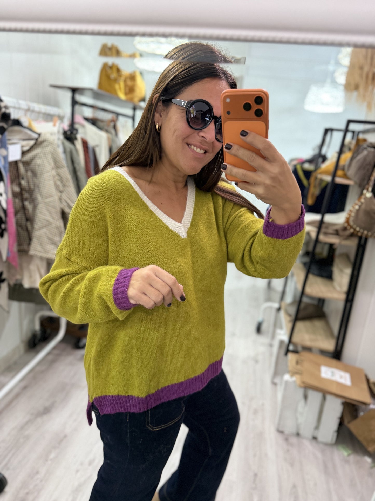 Jersei Camila pico pistacho, morado y beige