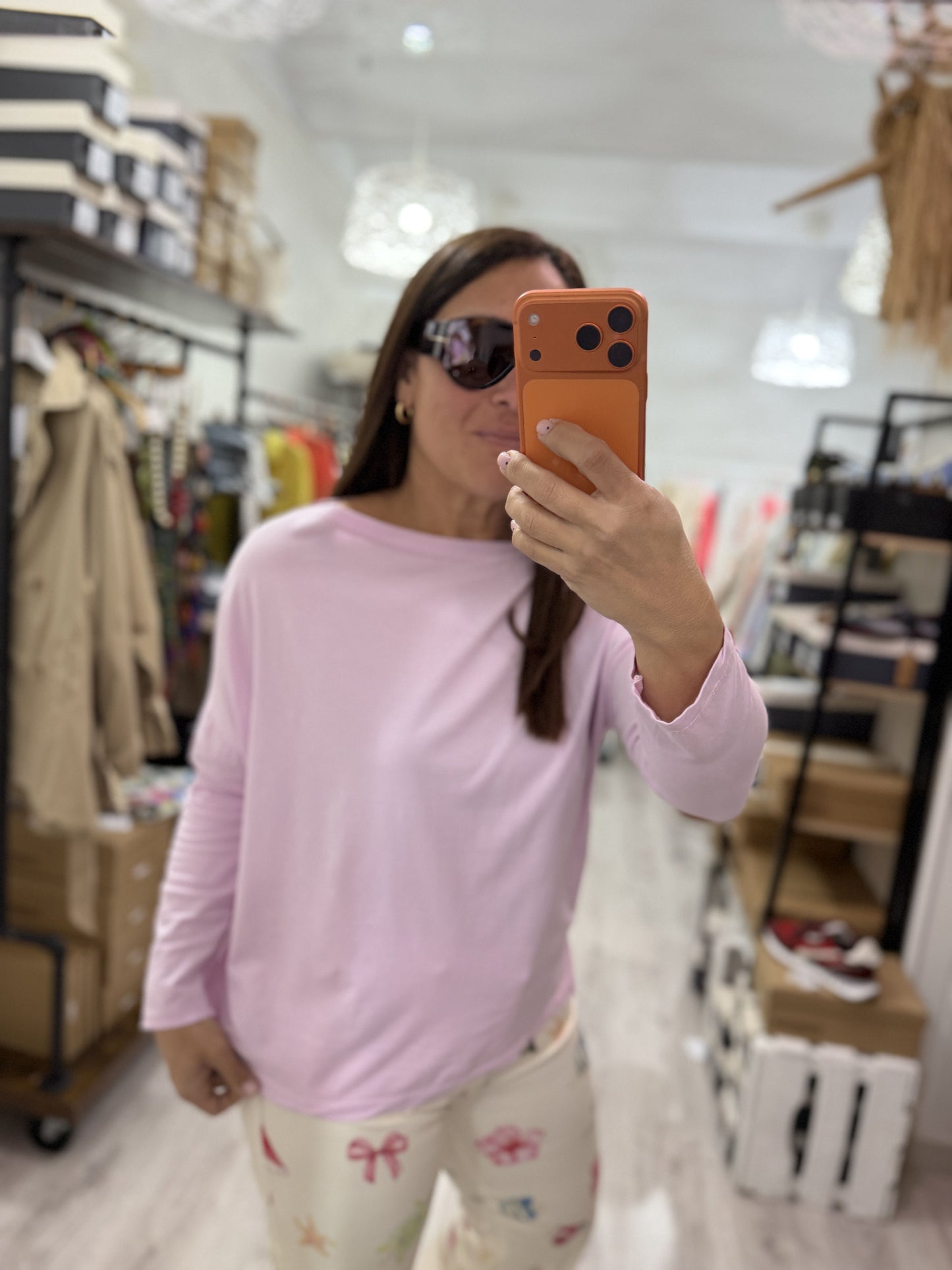 Camiseta Bardot cuello barco rosa