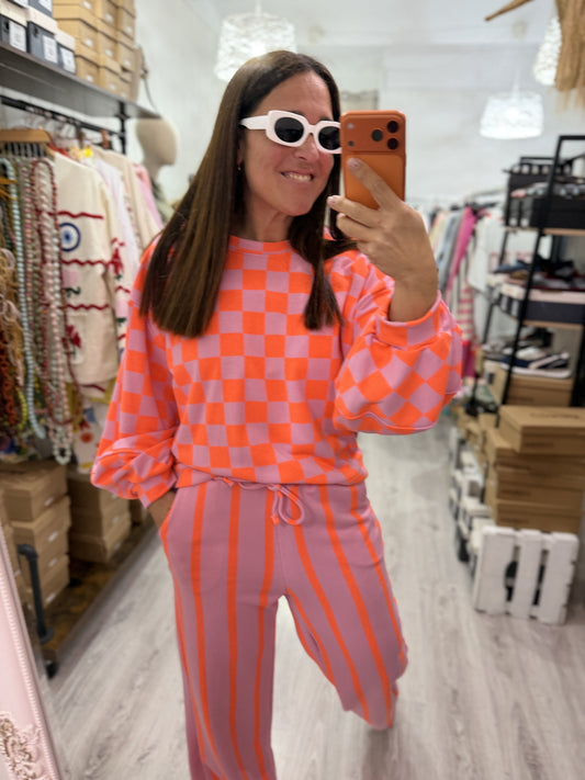 Pantalón Katia rayas contrastes rosa y naranja