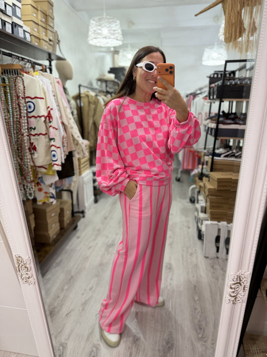 Pantalón Katia rayas contrastes rosa y fucsia