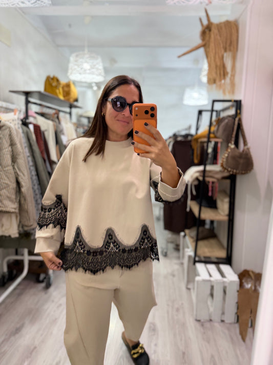 Sudadera Lace punto roma beige