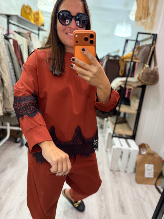 Sudadera Lace punto roma teja