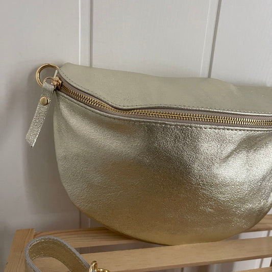 Riñonera bandolera 100% piel dorado - GRANDE