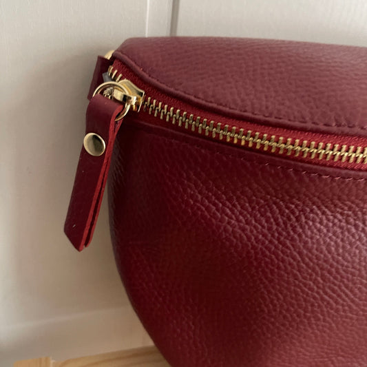 Riñonera bandolera 100% piel burdeos - GRANDE