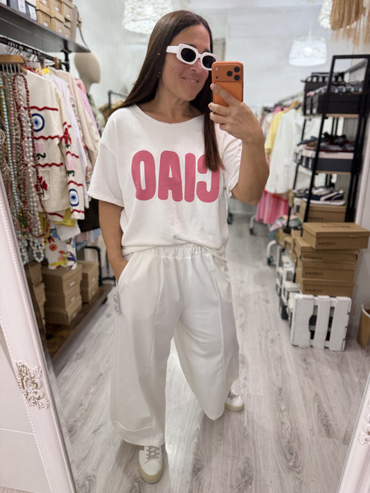Sudadera Ciao manga corta blanco y rosa