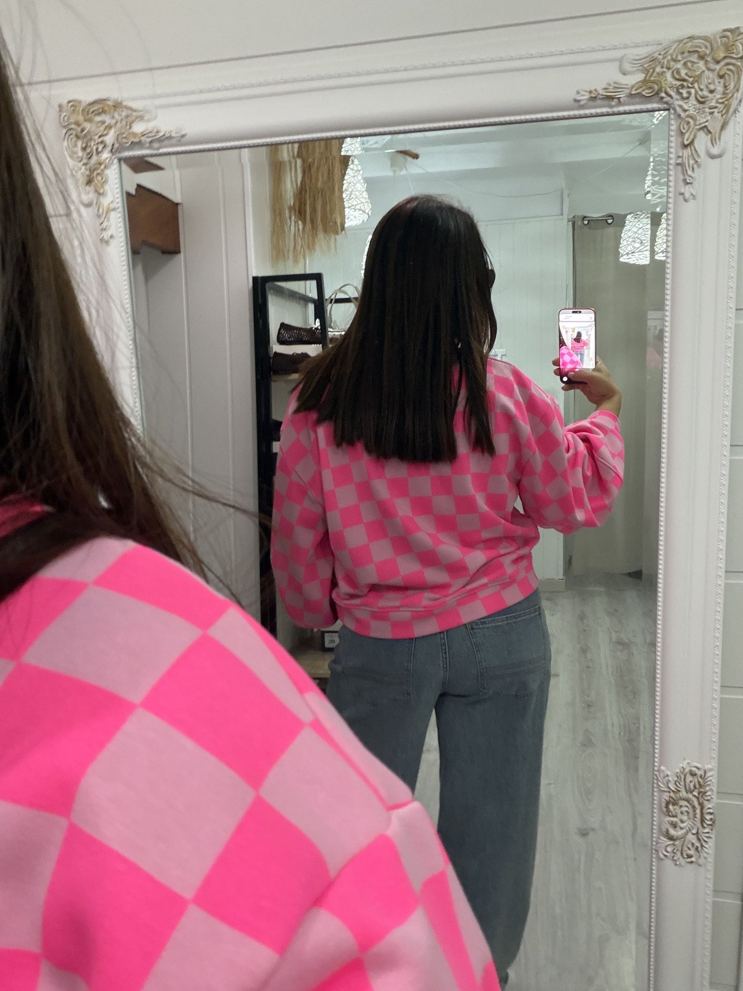 Sudadera Damero fluor fucsia y rosa