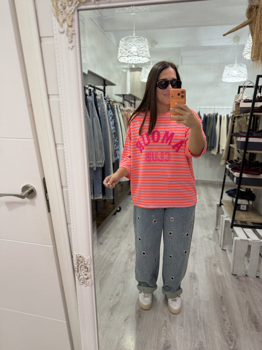 Sudadera Amour Club fluor naranja y fucsia