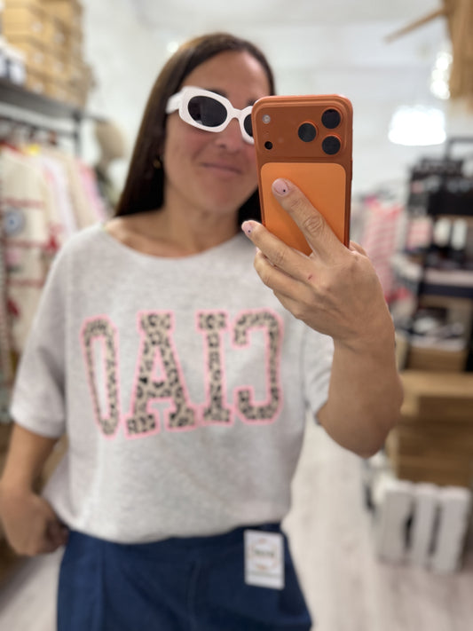 Sudadera Ciao animal print gris y rosa