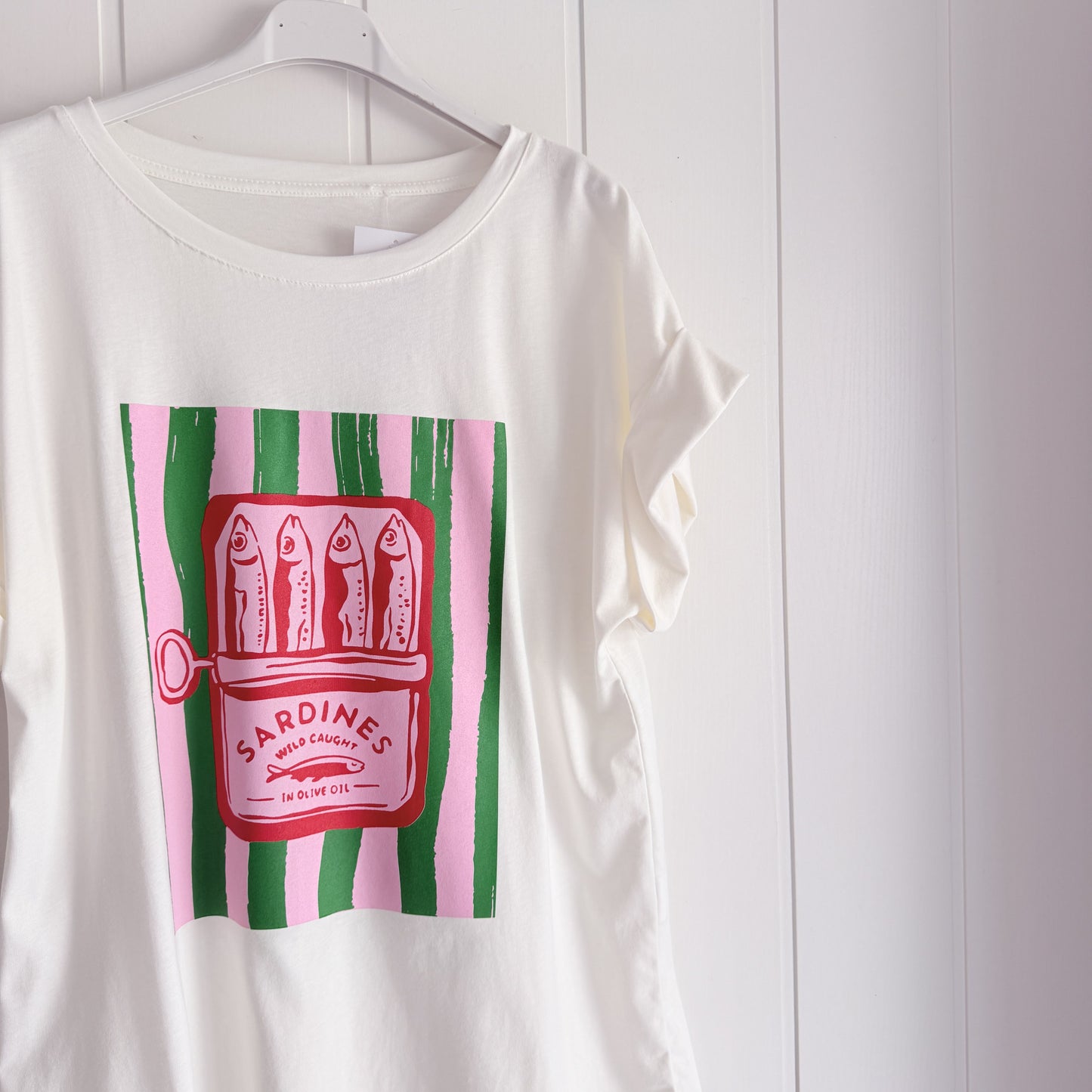 Camiseta Sardines rayas verde y rosa