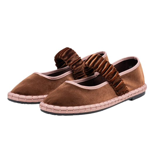 Merceditas fruncido marrón y rosa