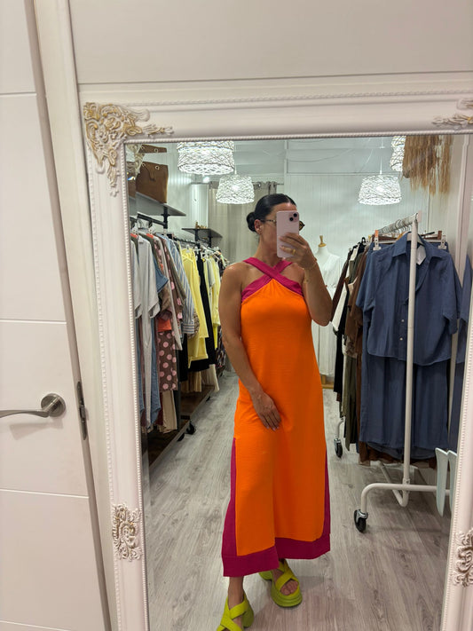 Vestido Martha naranja y fucsia