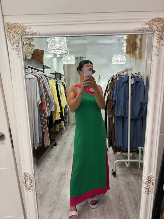 Vestido Martha verde y fucsia