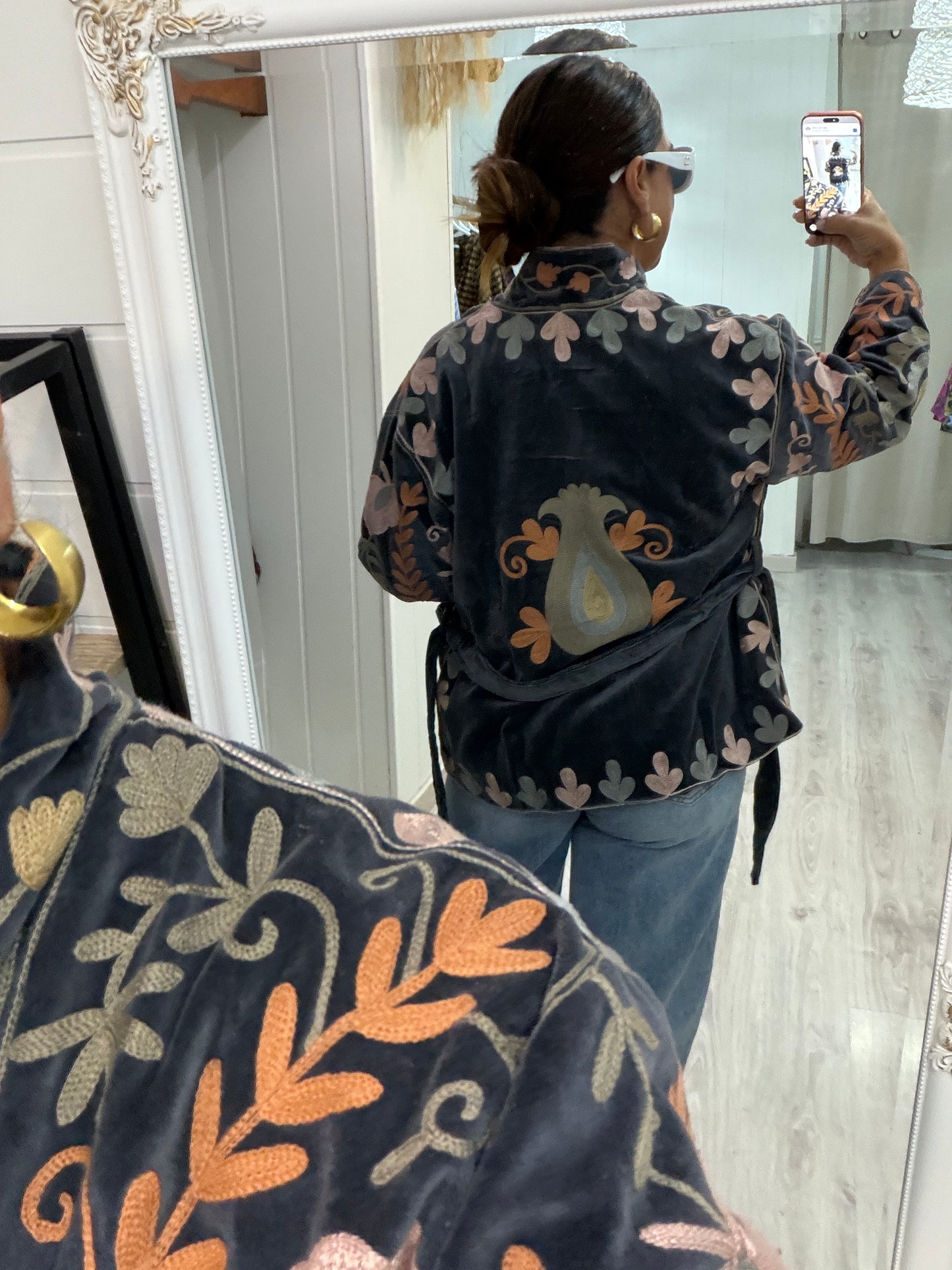 Chaqueta Suzani terciopelo kimono gris