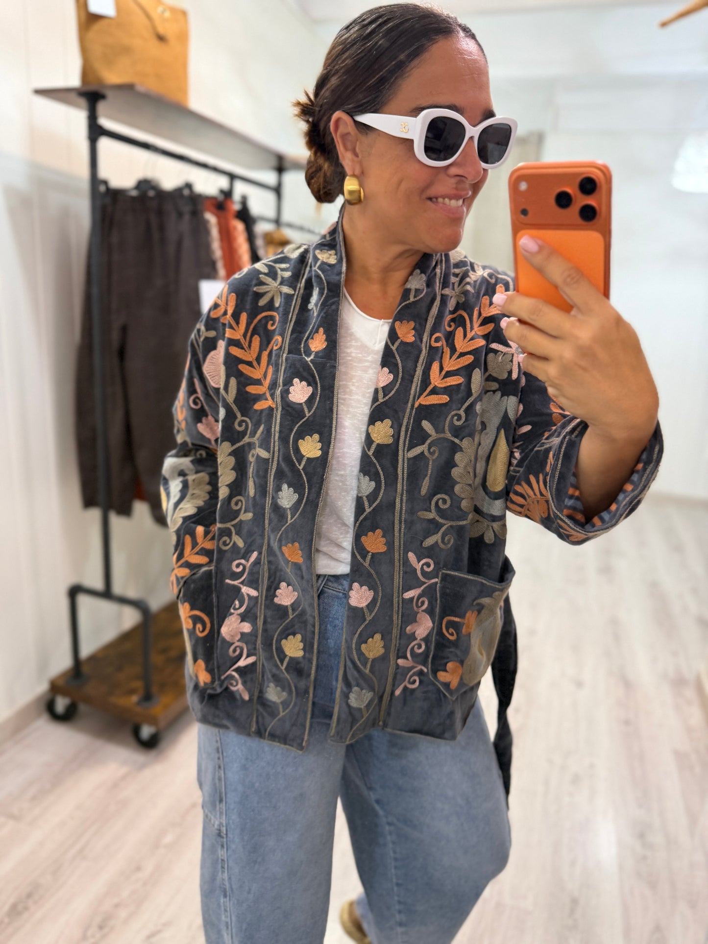 Chaqueta Suzani terciopelo kimono gris