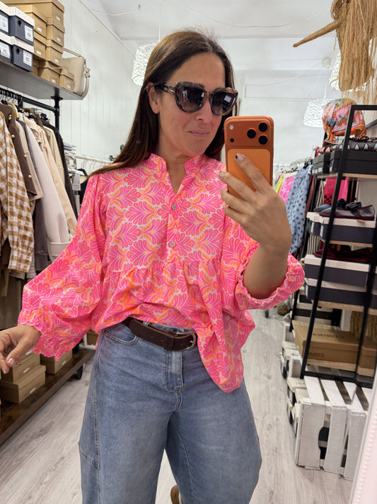 Blusa Santorini oversize fucsia y naranja fluor