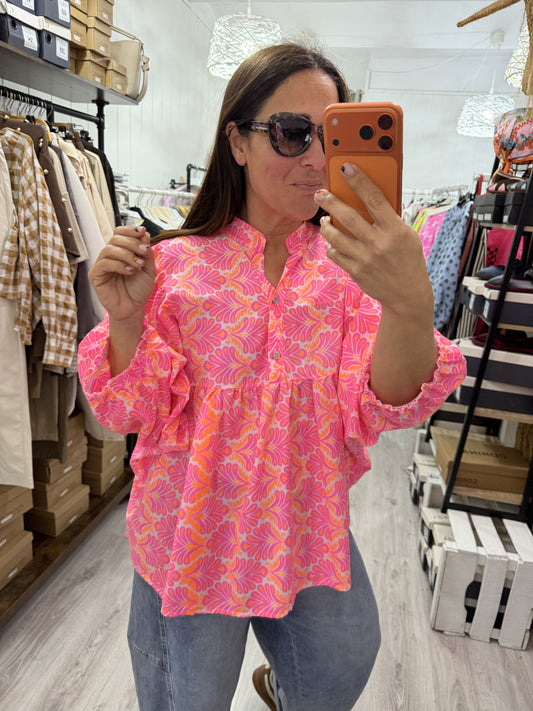Blusa Santorini oversize fucsia y naranja fluor