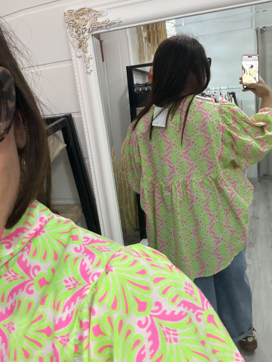 Blusa Santorini oversize verde y fucsia fluor