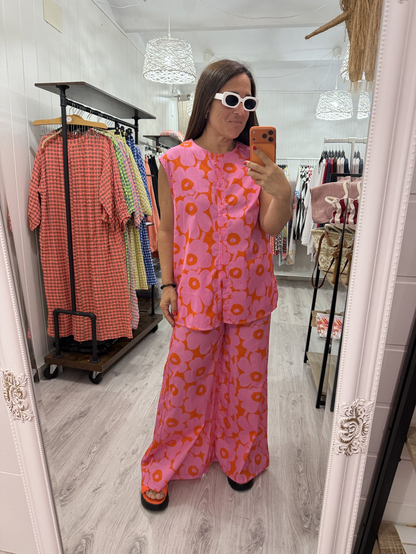 Pantalón Sakura Flores naranja y fucsia