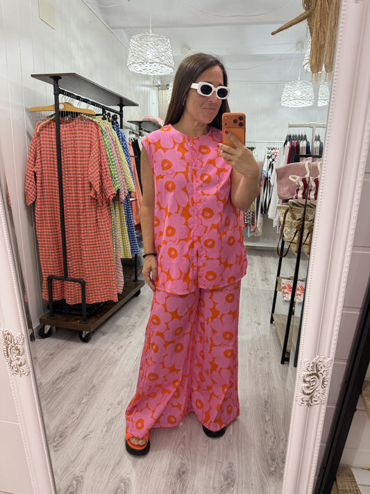 Pantalón Sakura Flores naranja y fucsia