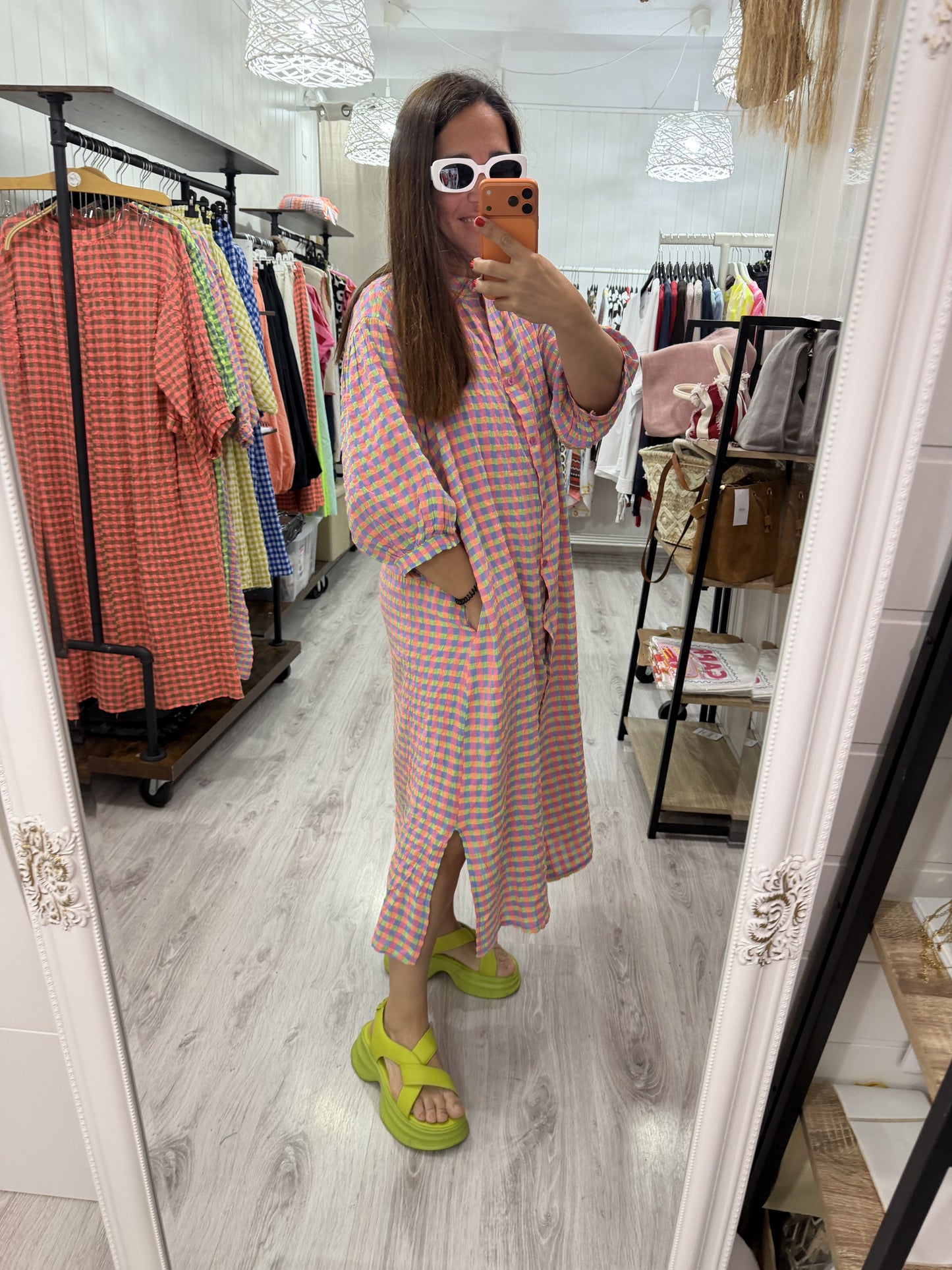 Vestido Vichy fluor fucsia verde y azul