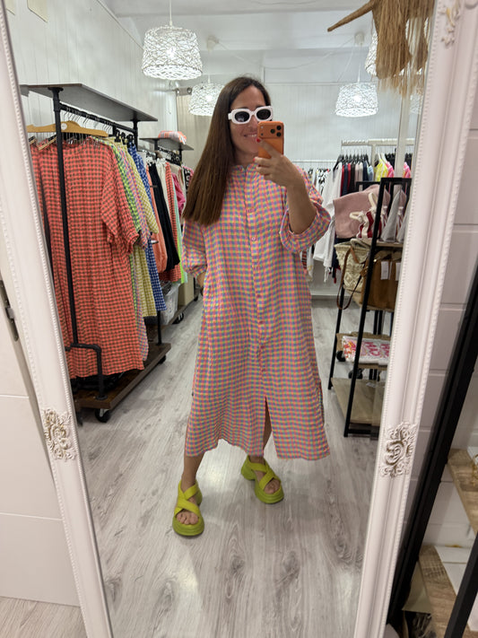 Vestido Vichy fluor fucsia verde y azul