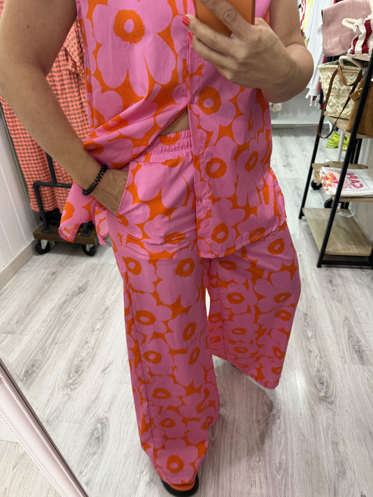Pantalón Sakura Flores naranja y fucsia