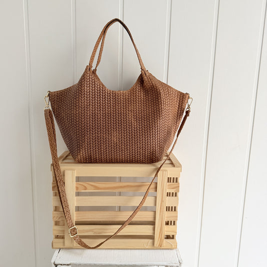 Bolso piel Midi efecto trenzado camel
