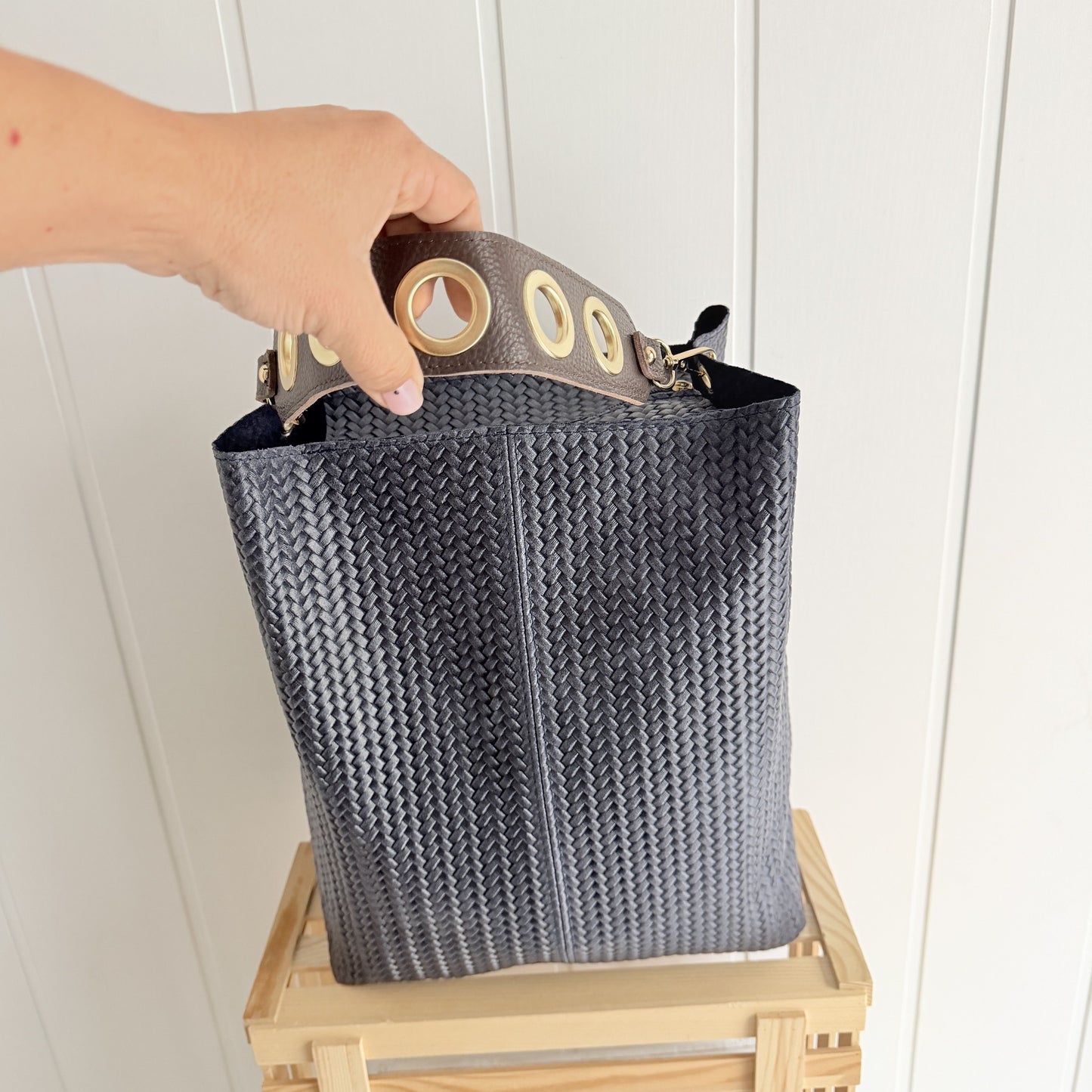 Bolso Piel Cube efecto trenzado marino