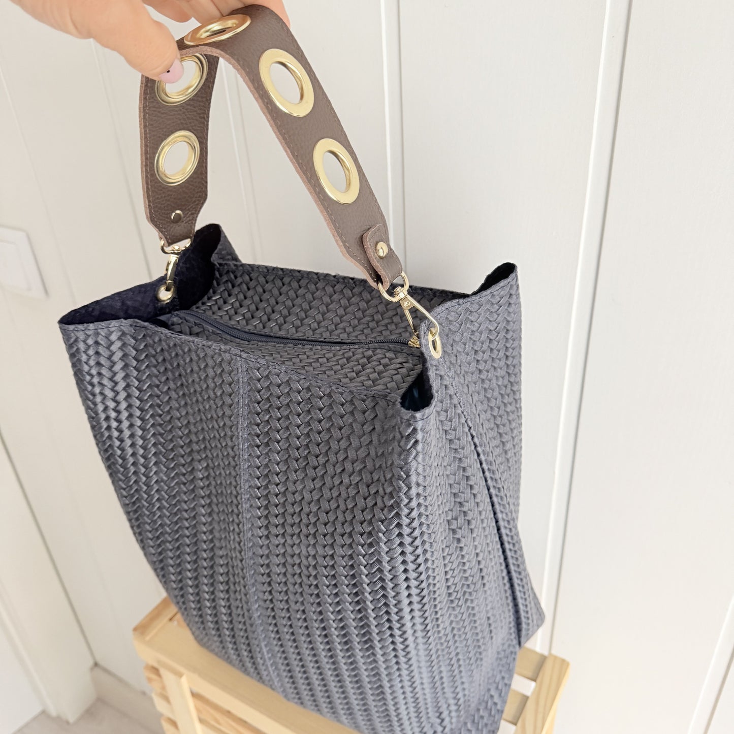 Bolso Piel Cube efecto trenzado marino