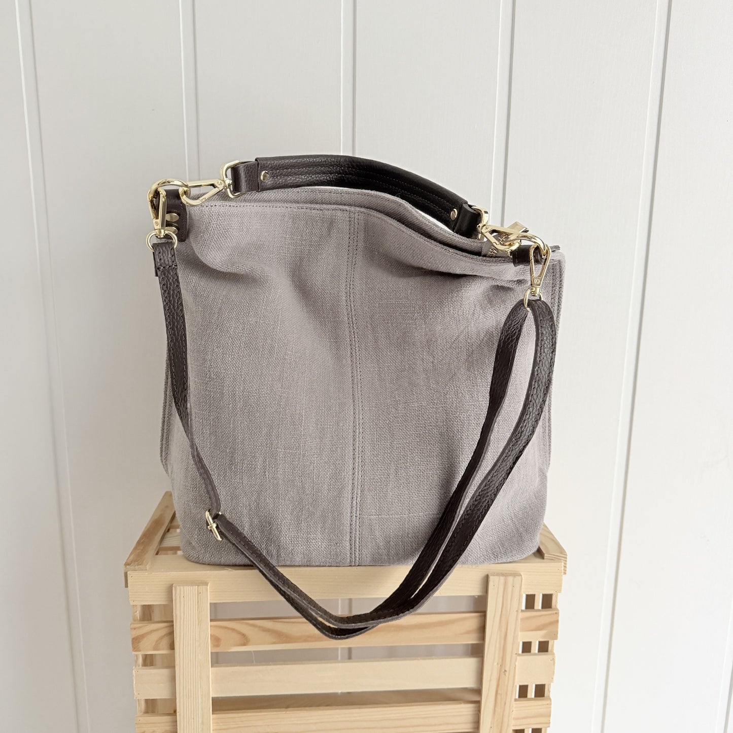 Bolso Sakko lino y piel gris