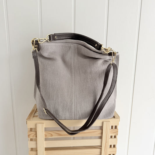 Bolso Sakko lino y piel gris