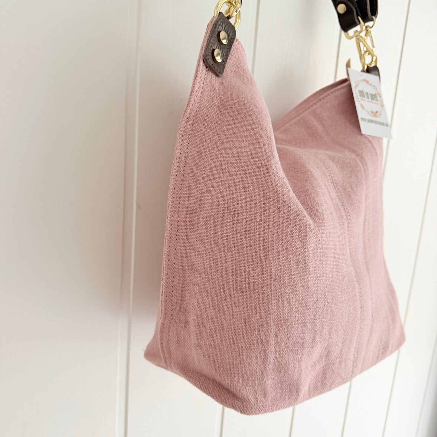 Bolso Sakko lino y piel rosa