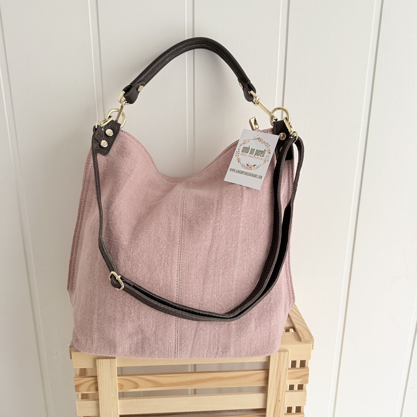 Bolso Sakko lino y piel rosa