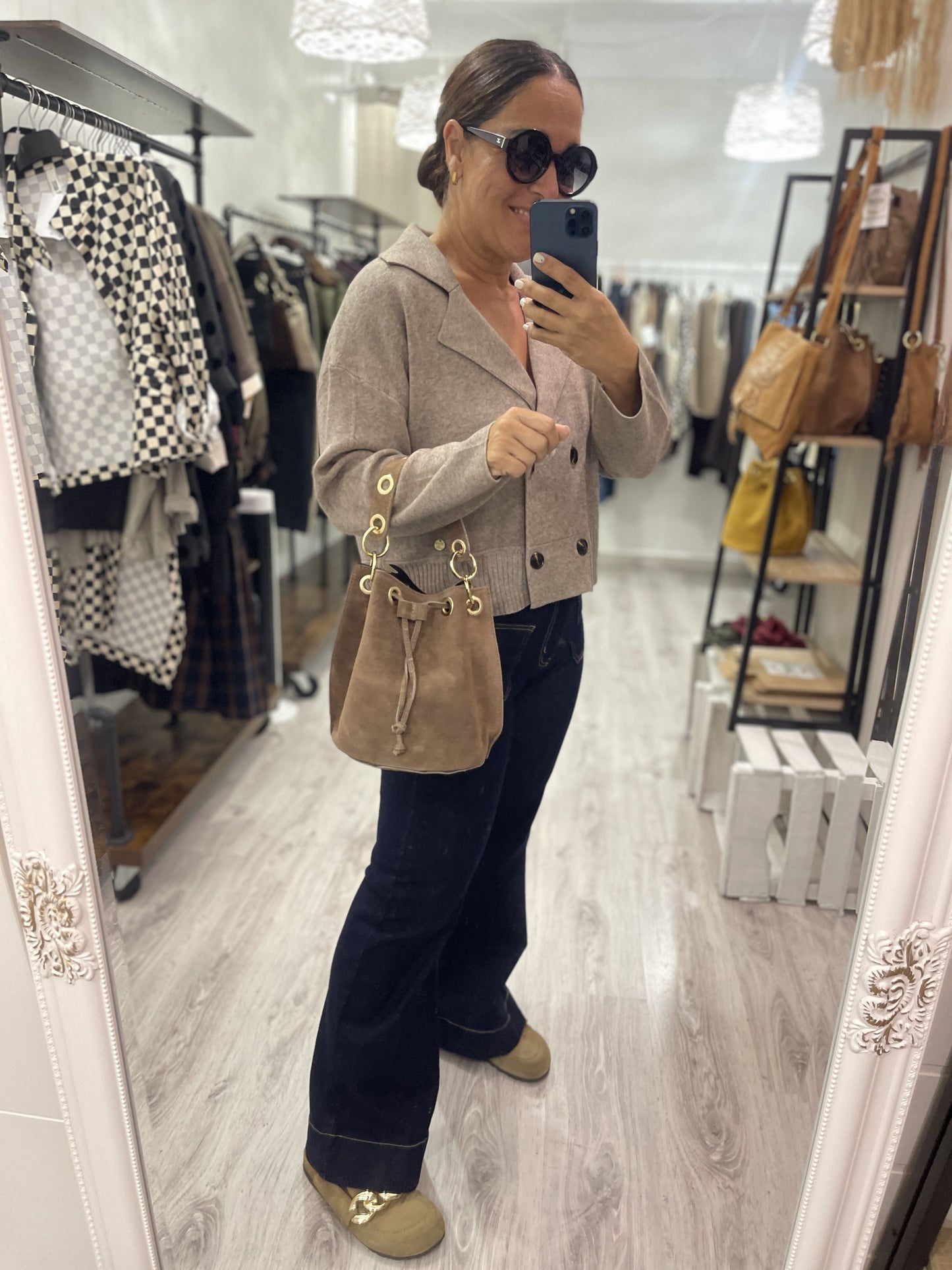 Bolso Bombonera piel taupe