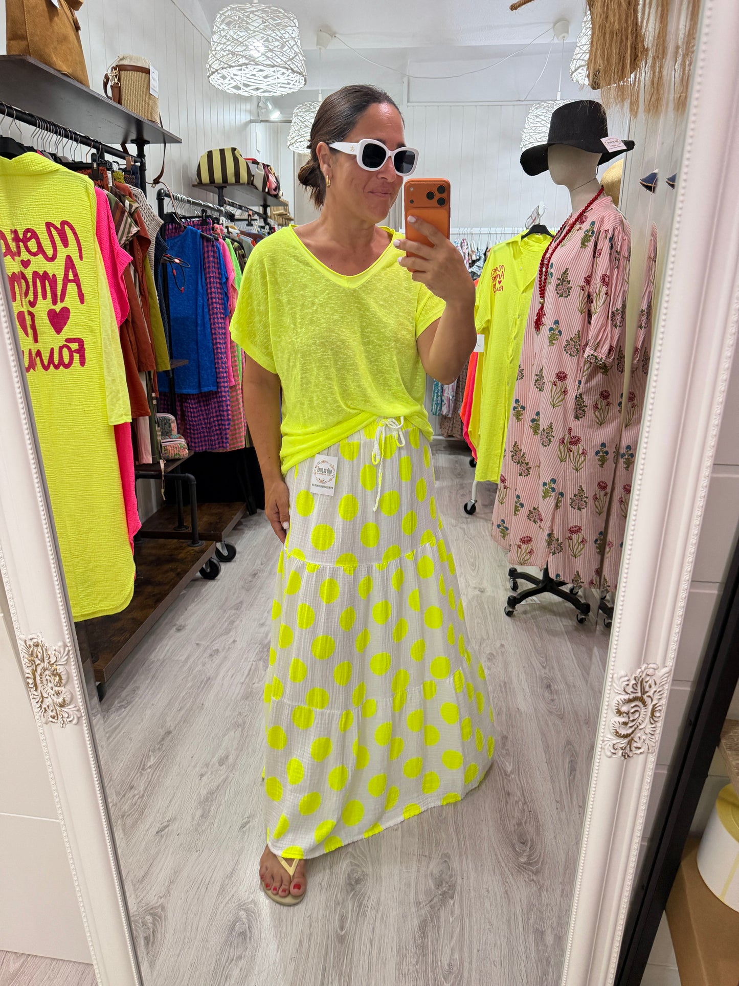 Camiseta Boho manga corta amarillo fluor