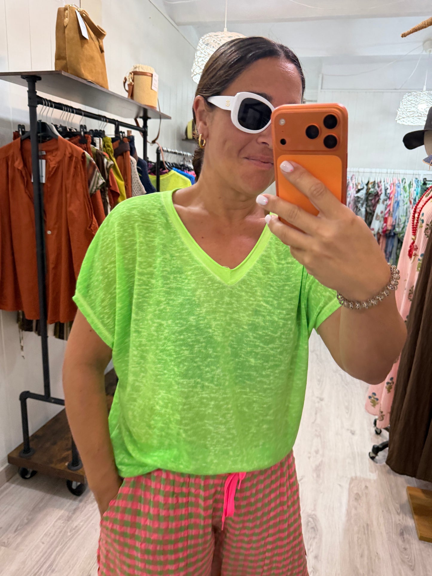 Camiseta Boho manga corta verde fluor