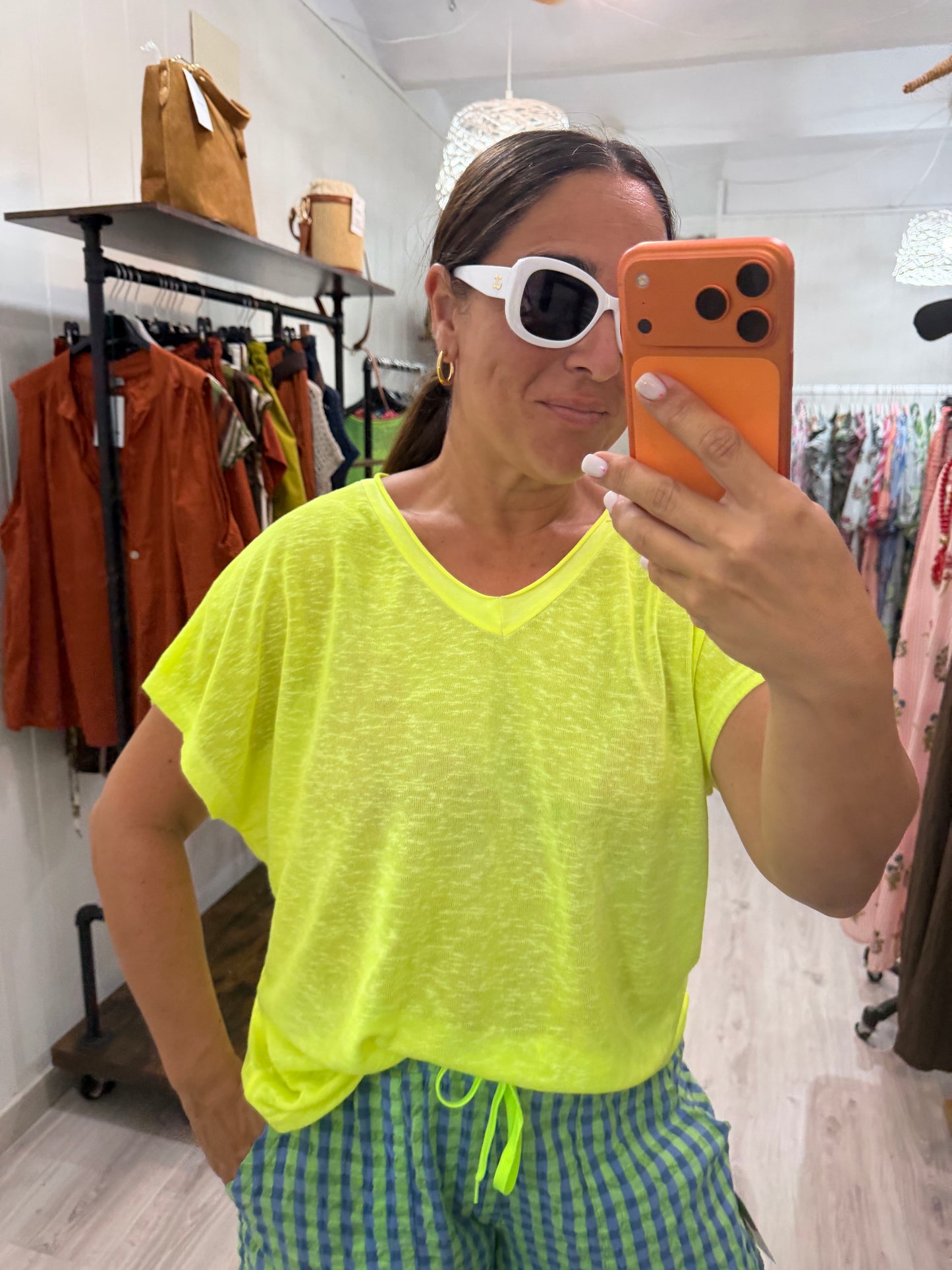 Camiseta Boho manga corta amarillo fluor