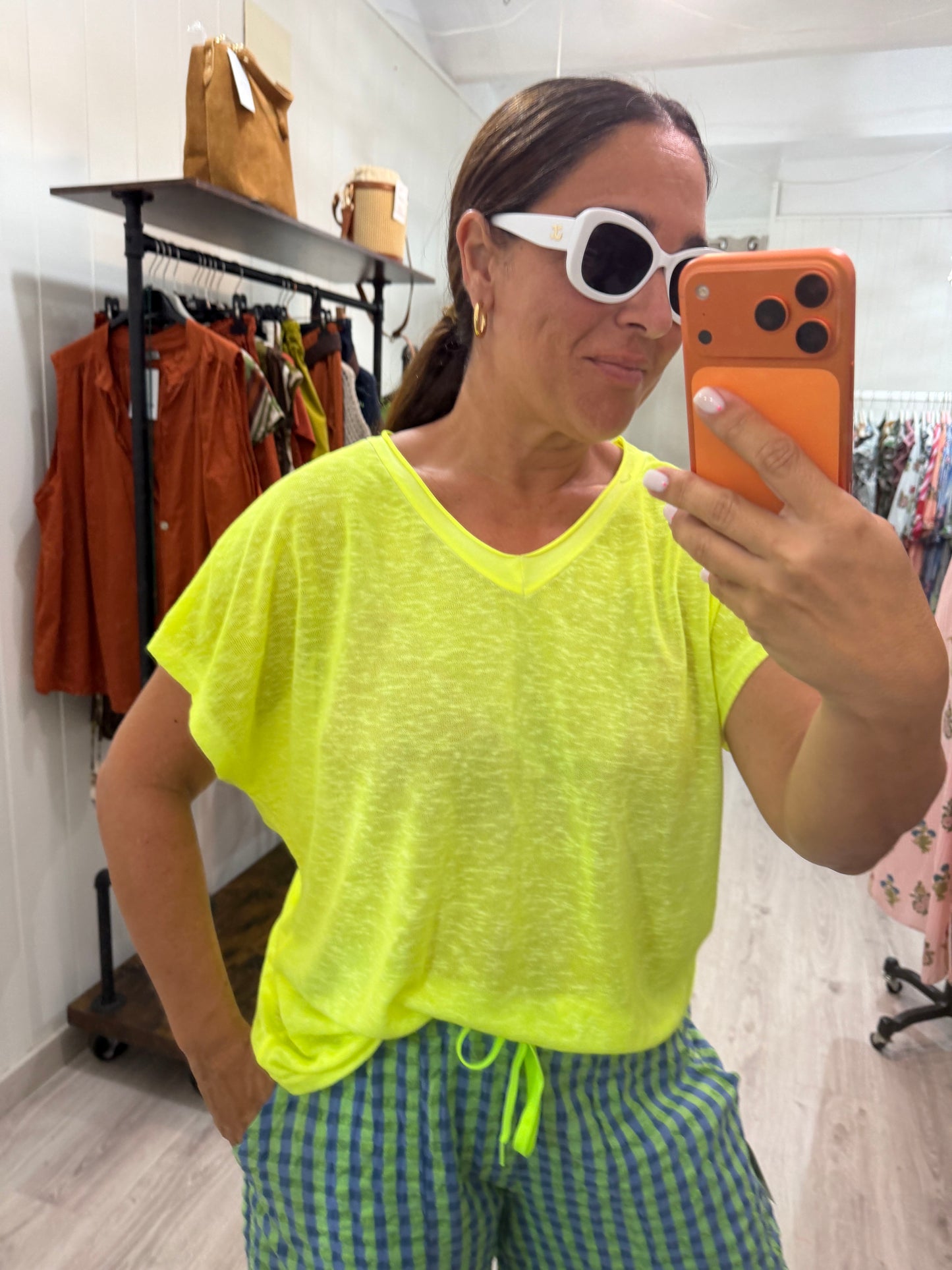 Camiseta Boho manga corta amarillo fluor