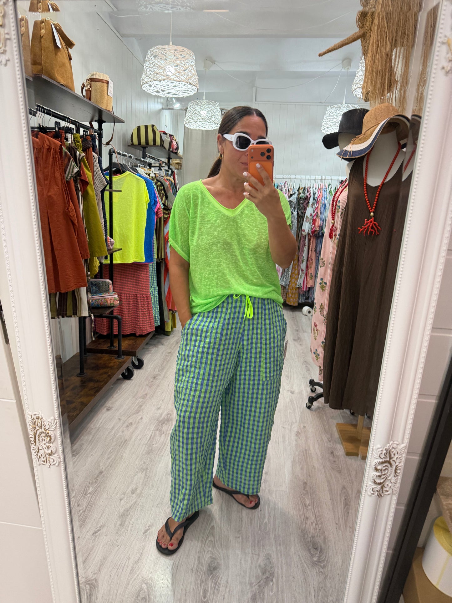 Camiseta Boho manga corta verde fluor