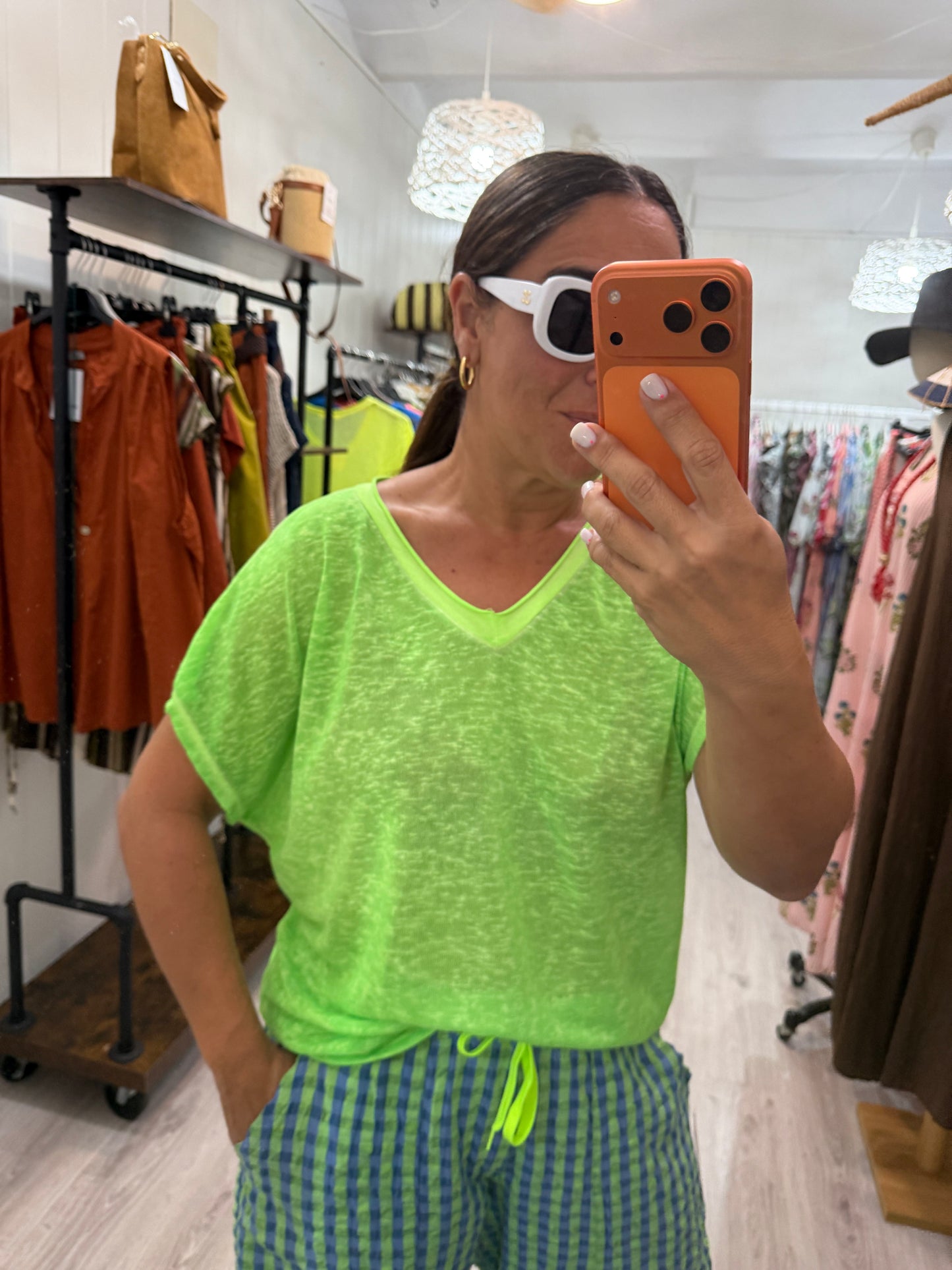 Camiseta Boho manga corta verde fluor
