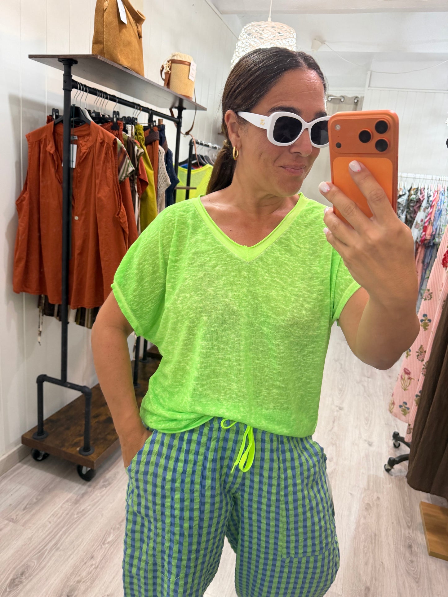 Camiseta Boho manga corta verde fluor