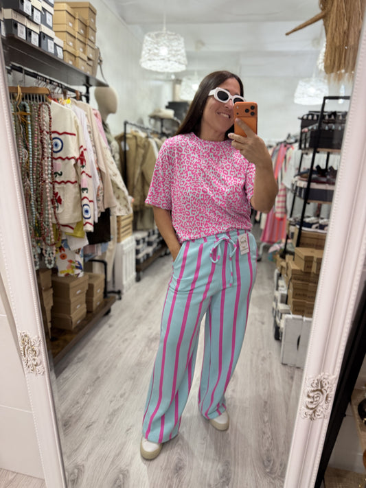 Pantalón Katia rayas contrastes turquesa y fucsia