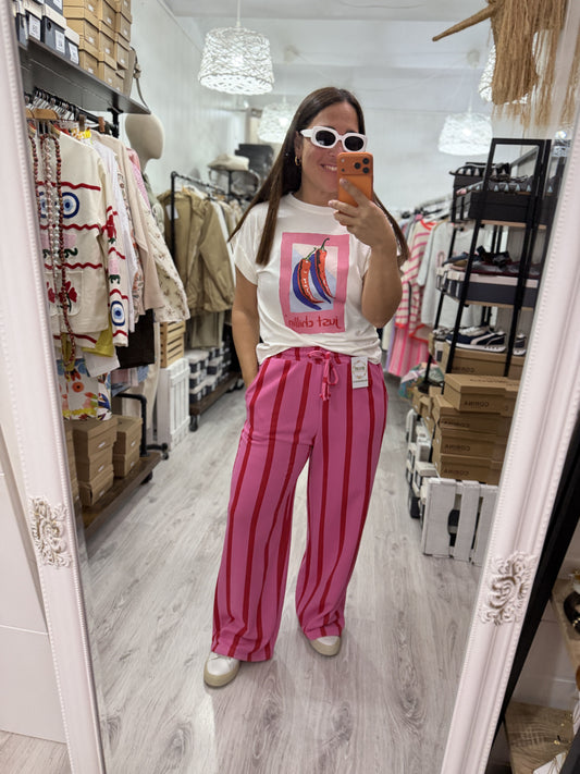 Pantalón Katia rayas contrastes fucsia y rojo