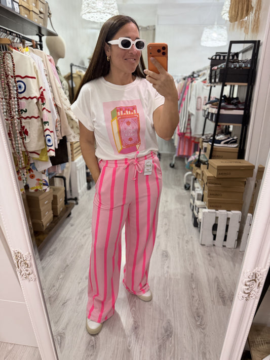 Pantalón Katia rayas contrastes rosa y fucsia